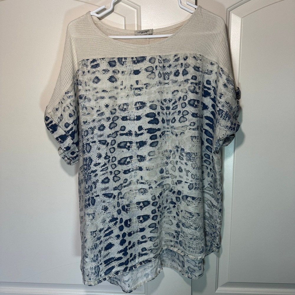Lungo L'arno Short Sleeve Animal Print Tunic Top 100% Linen Sz 2X made‎ in Italy